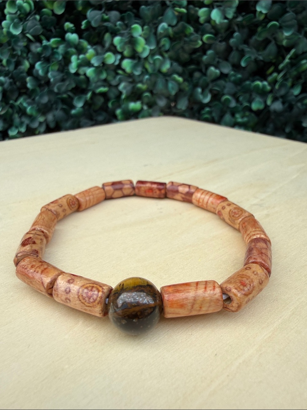 Hand Crafted Brown Wooden Bead Bracelet with Tiger Eye Center